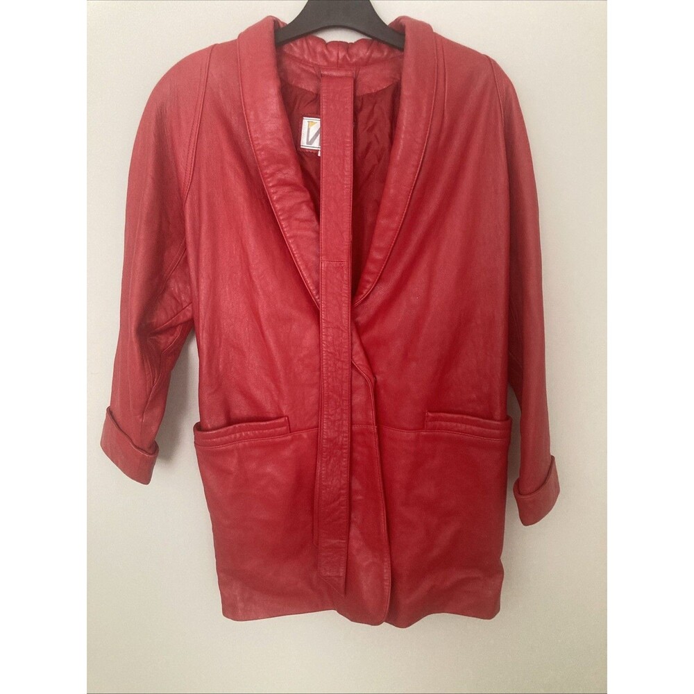 Vtg RED LEATHER JACKET WILSONS THINSULATE Button Up Trench Sz S